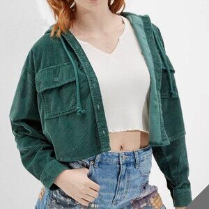 AE Hooded Cropped Corduroy Button-Up Shirt - Teal